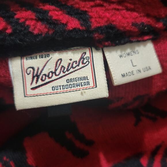 Woolrich Sherpa Fleece Jacket Red Quarter Zip Wolf Buffalo Plaid Blanket Large - Picture 7 of 16